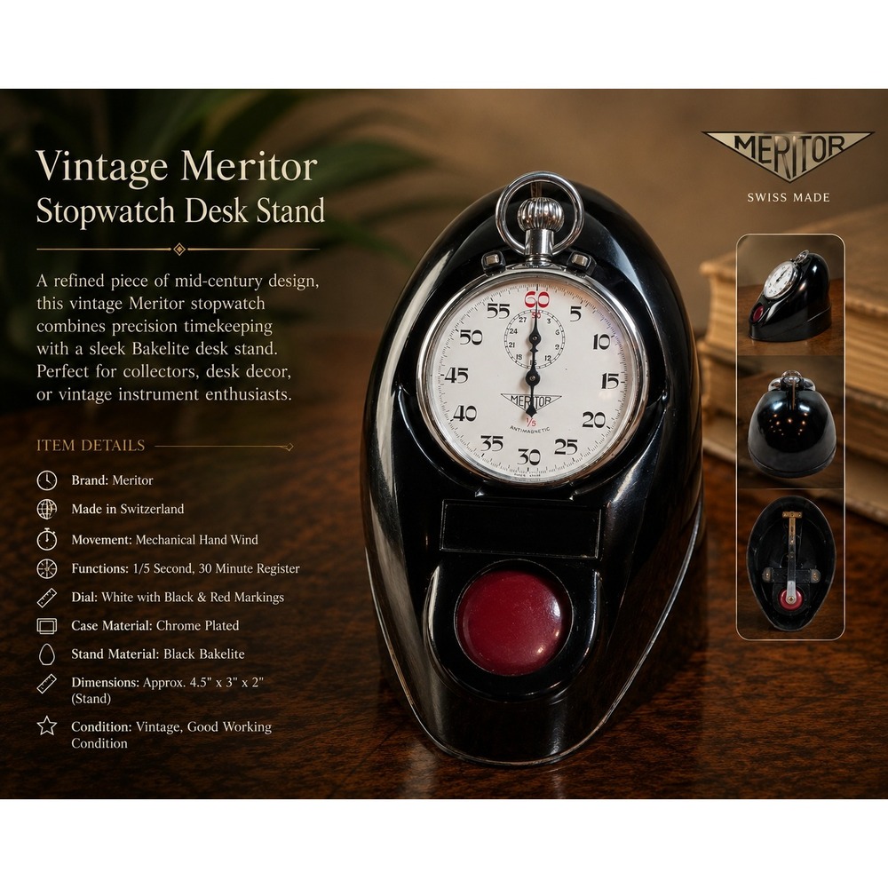 Vintage Meritor Stopwatch‎ Desk Stand Swiss Made Bakelite Mechanical Hand Wind
